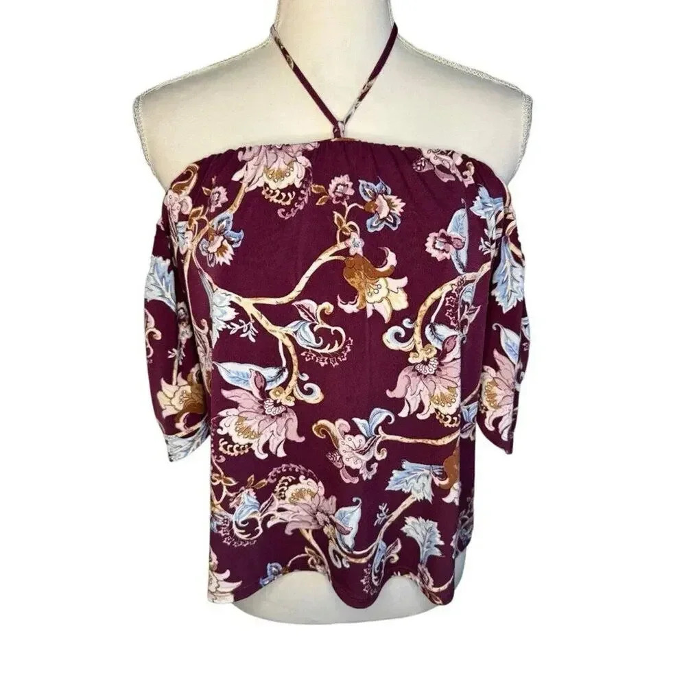White House Black Market Size 2 Burgundy Off The Shoulder Floral Top